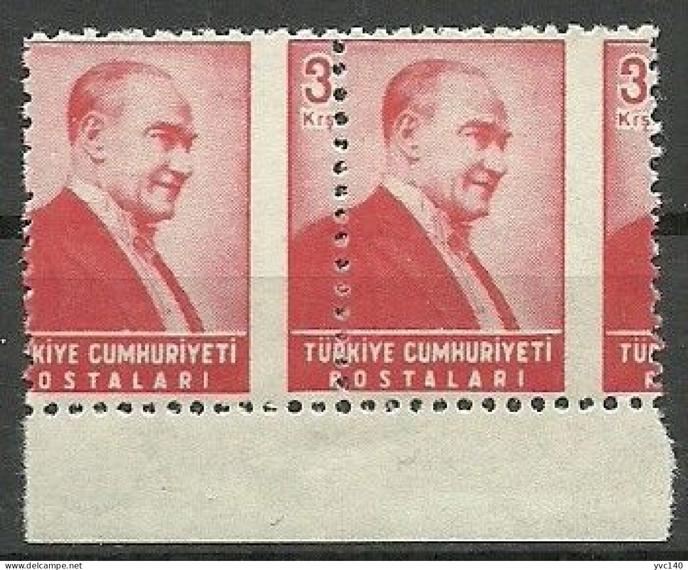 Turkey; 1955 Regular Stamp 3 K. ERROR "Displaced Perf." - Ongebruikt