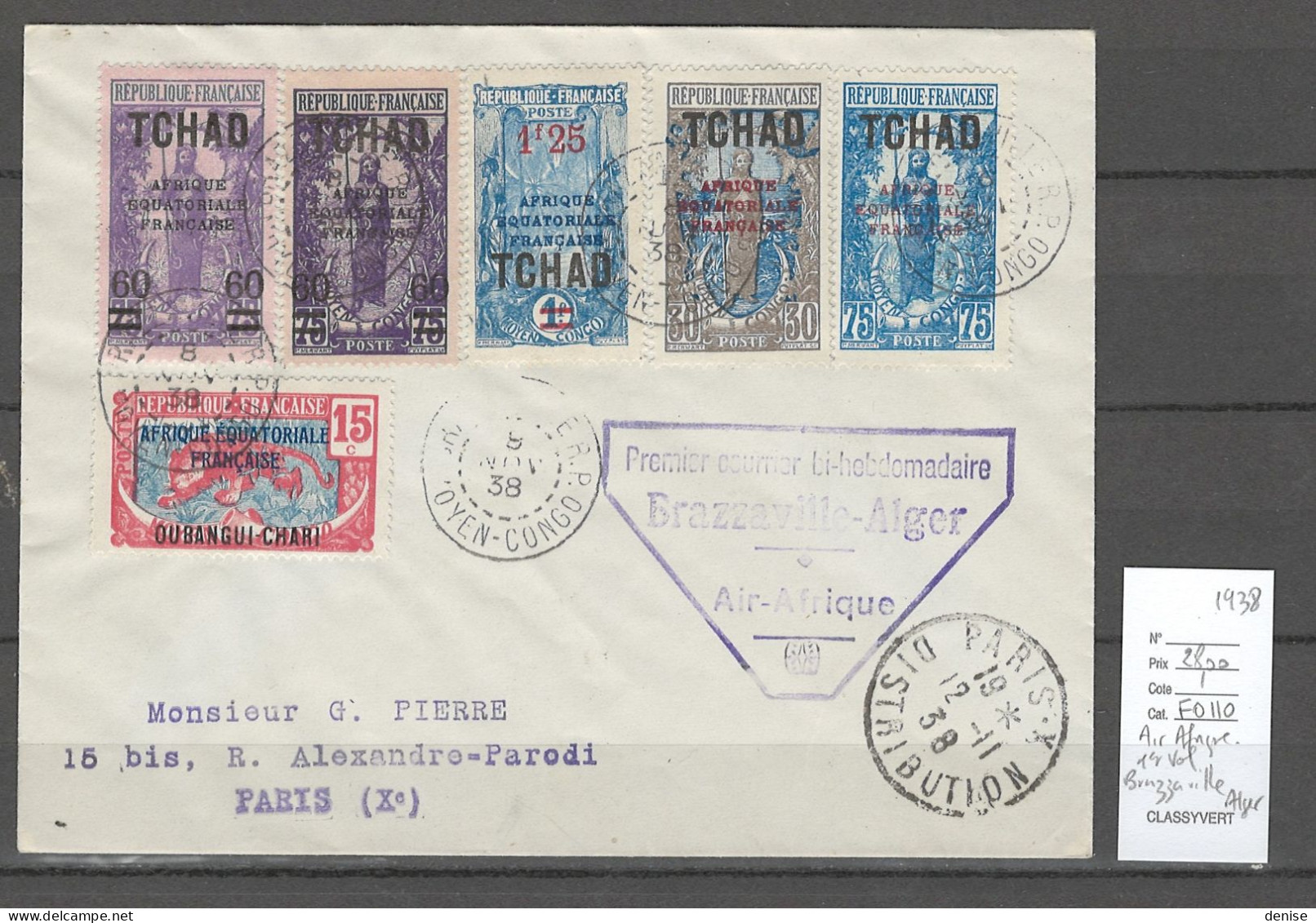 Moyen Congo - Brazzaville - Air Afrique - 1er Vol Bihebdomadaire Vers Alger - 1938 - Lettres & Documents