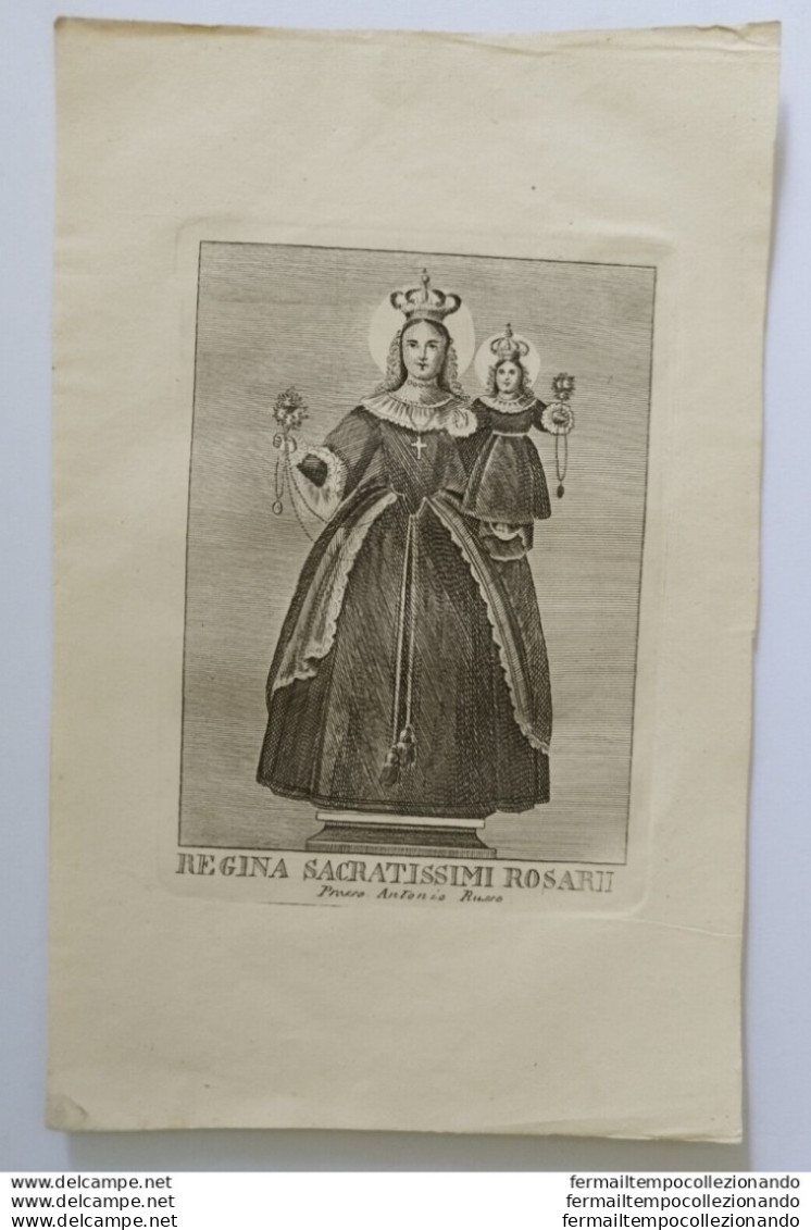Bn30 Antica Incisione Stampa Santino Madonna Regina Sacratissimi Rosario 1800 - Devotieprenten
