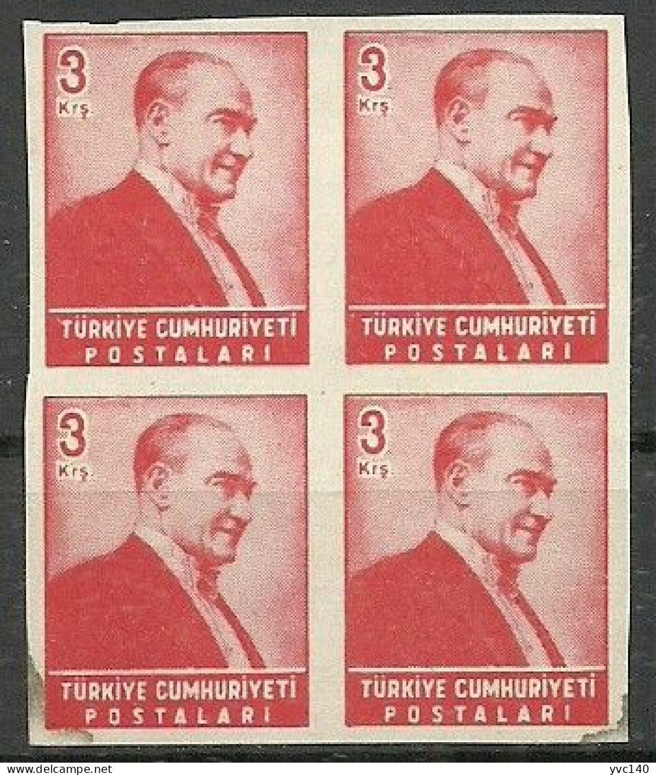 Turkey; 1955 Regular Stamp 3 K. ERROR "Imperf. Block Of 4" - Unused Stamps
