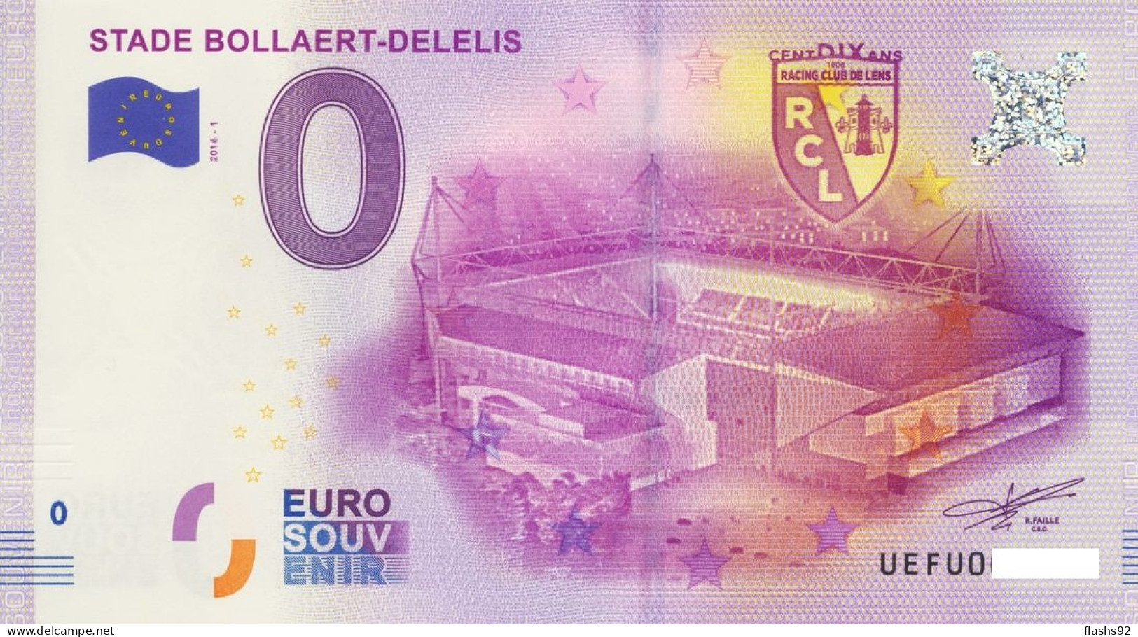 Vends Billet Souvenir Touristique 0€ Stade Bollaert Delelis 2016-1 UEFU - Andere & Zonder Classificatie