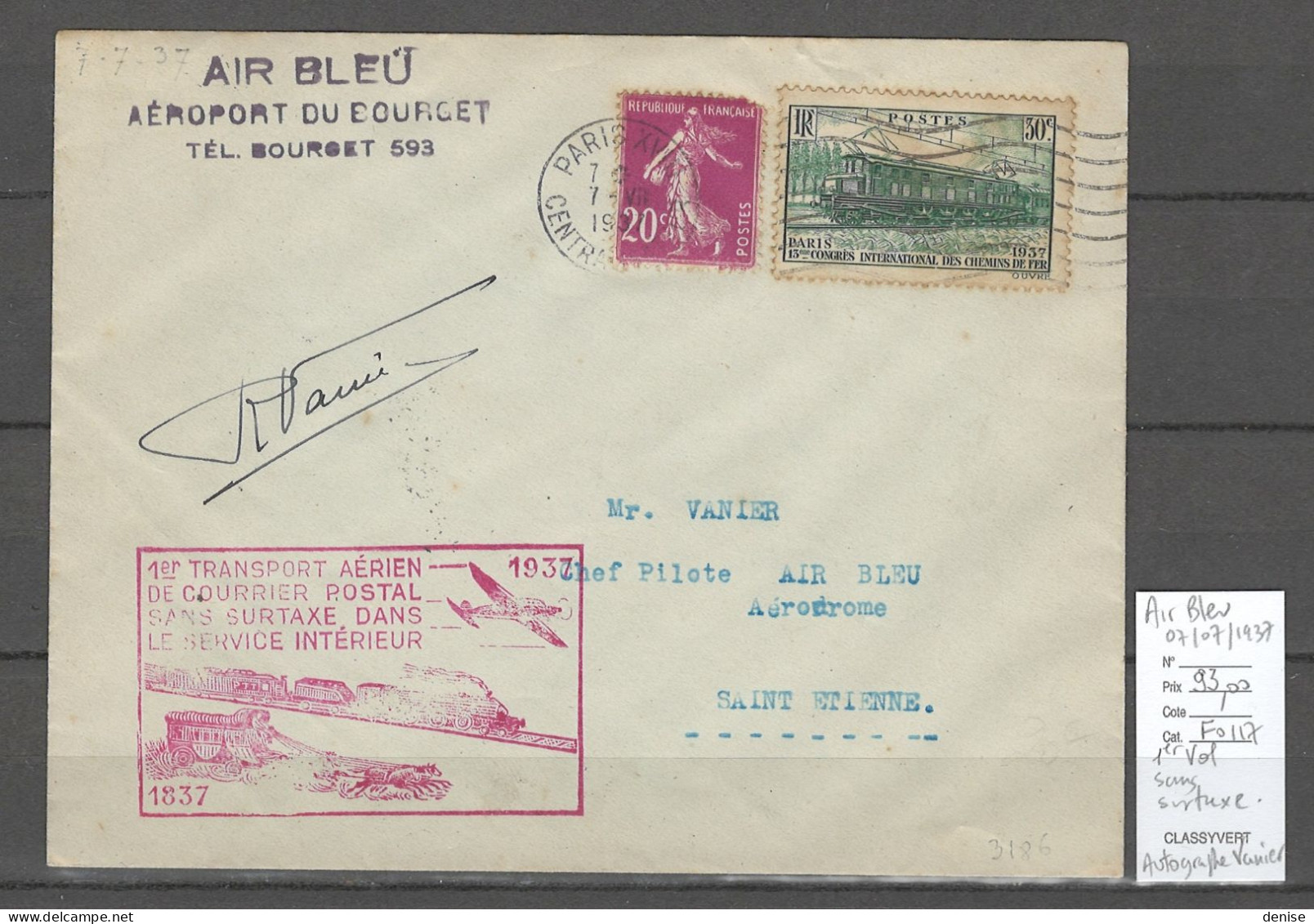 France - 1er Service Postal SANS SURTAXE - AIR BLEU - AUTOGRAPHE DU PILOTE VANIER - 1937 - 1927-1959 Storia Postale