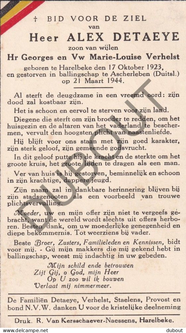 WOII Militair Alex Detaye  °1923 Harelbeke † 1944 Acherleben Ballingschap (F590) - Esquela