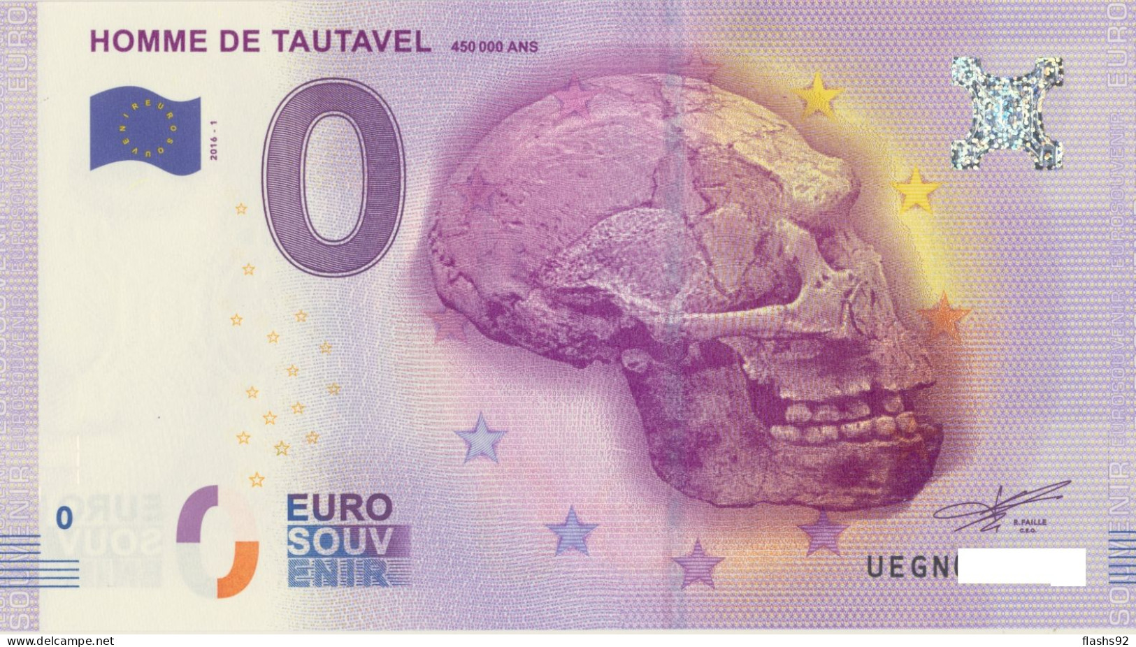 Vends Billet Souvenir Touristique 0€ Homme De Tautavel  2016-1 UEGN - Autres & Non Classés