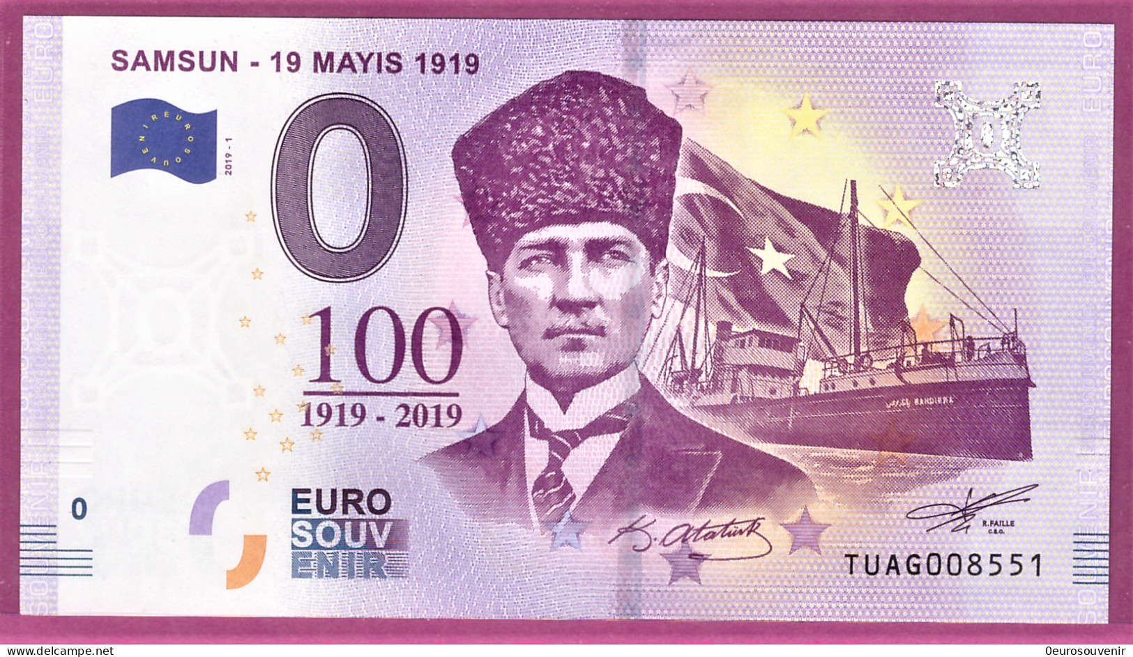 0-Euro TUAG 2019-1 SAMSUN - 19 MAYIS 1919 - ATATÜRK VOR SCHIFF - Private Proofs / Unofficial