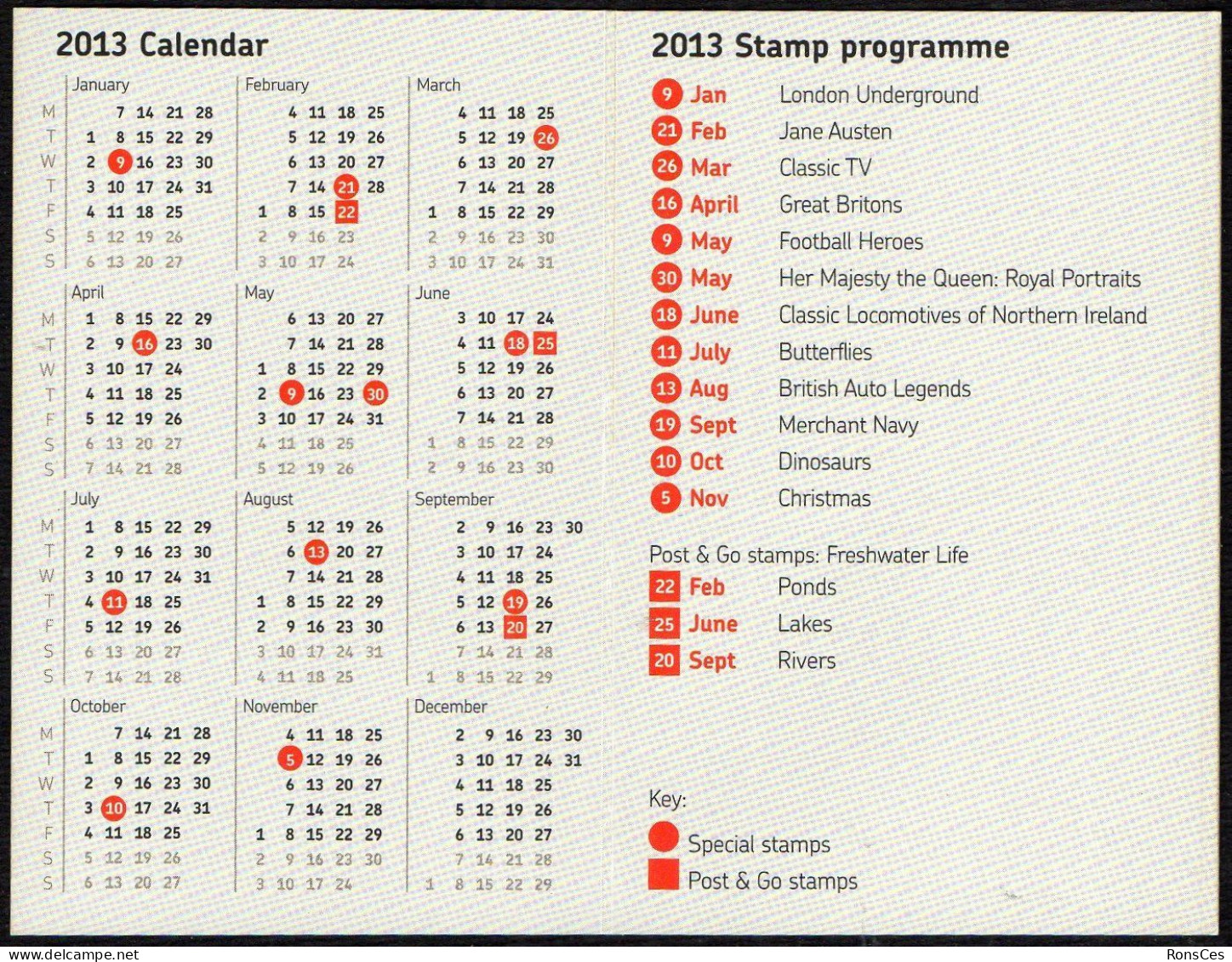 UNITED KINGDOM 2013 - ROYAL MAIL - MINI STAMP CALENDAR 2013 - 2013 STAMP PROGRAMME - I - Small : 2001-...