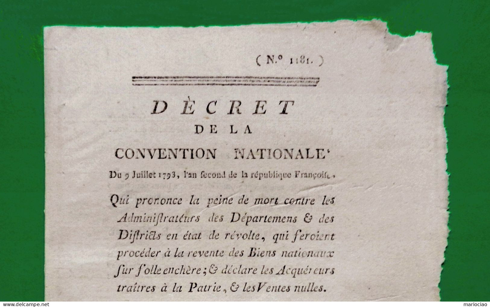D-FR Révolution 1793 PEINE DE MORT Pour Revente De Biens Nationaux Sur Folle Enchère - Documents Historiques