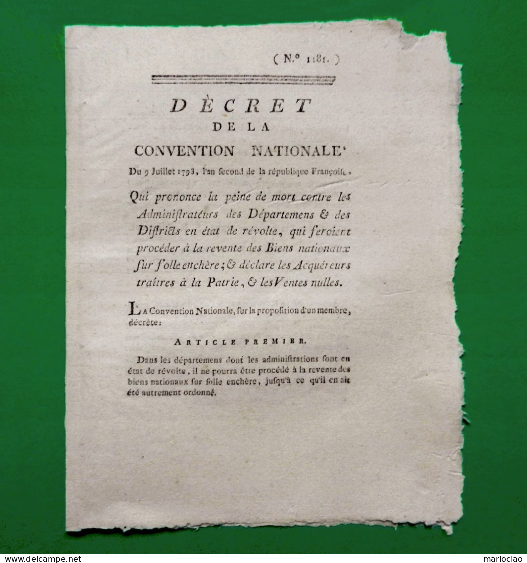 D-FR Révolution 1793 PEINE DE MORT Pour Revente De Biens Nationaux Sur Folle Enchère - Documents Historiques