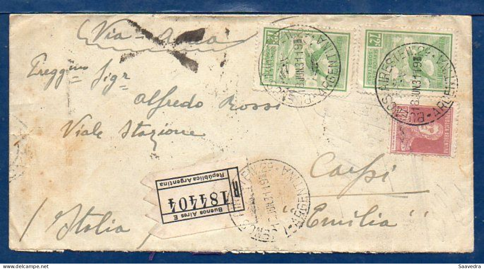 Argentina To Italy, 1931, Via Registered Air Mail, Jusqu'a Mark   (032) - Poste Aérienne