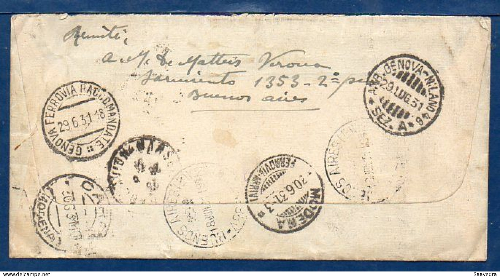 Argentina To Italy, 1931, Via Registered Air Mail, Jusqu'a Mark   (032) - Luftpost