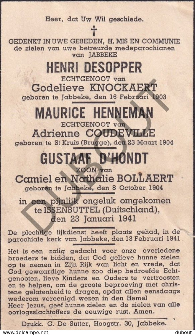 WOII Jabbeke H. Desopper/M. Henneman/G. D'Hondt  † 1941Issenbuttel Duitsland (F568) - Décès