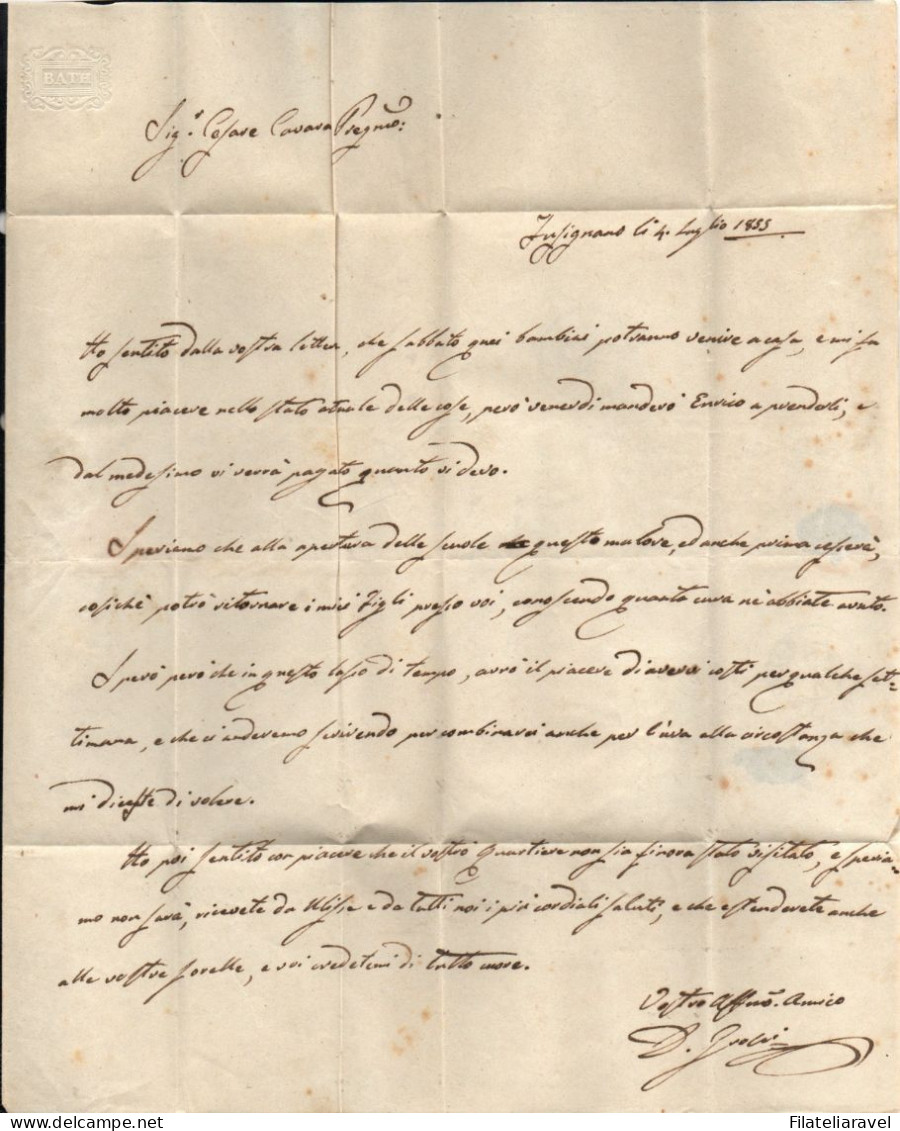 ASI -1857 - STATO PONTIFICIO - Lettera Completa Di Testo Partita Da Fulignano Il 4 Luglio 1855 E Diretta A Bologna - Kirchenstaaten