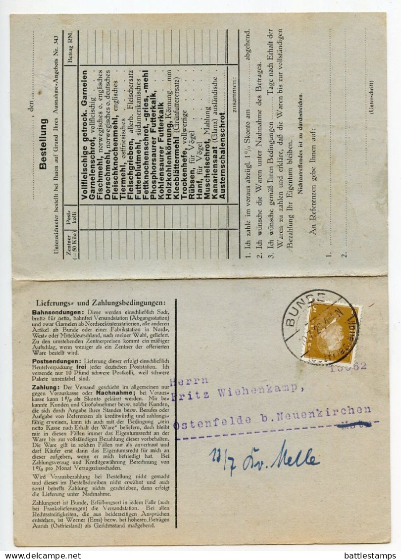 Germany 1929 Postcard & Reply Card; Bunde (Ostfriesland) - Hugo Schröder To Ostenfelde; 3pf. Friedrich Ebert - Cartas & Documentos