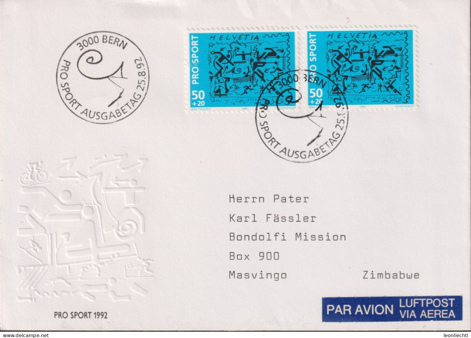1992 Schweiz, LUFTPOST, Zum:CH W73, Mi:CH 1482, PRO SPORT - Cartas & Documentos