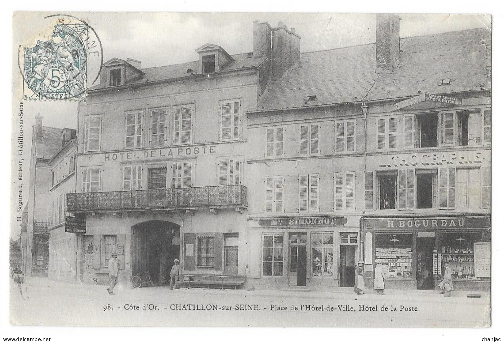Cpa. 21 CHATILLON SUR SEINE (ar. Montbard) Place De L'Hôtel De Ville, Hôtel De La Poste (Magasin H. Bogureau) N° 98 - Chatillon Sur Seine
