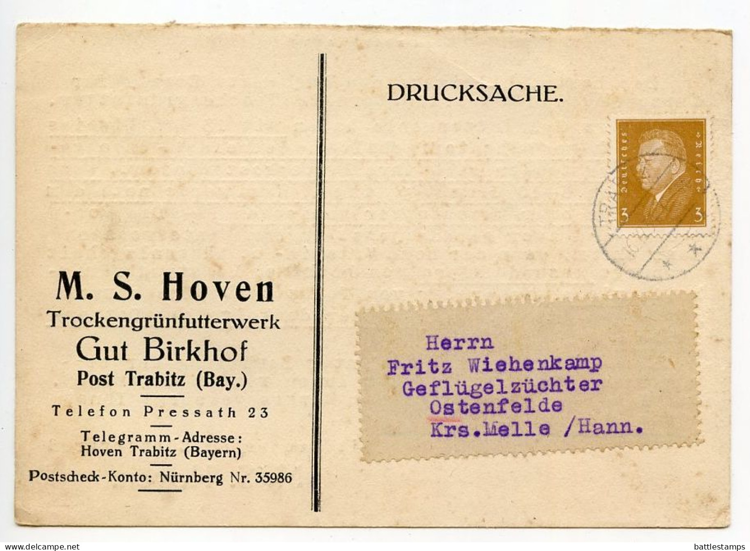 Germany 1931 Postcard; Trabitz - M. S. Hoven, Trockengrünfutterwerk, Gut Birkhof; 3pf. Friedrich Ebert - Covers & Documents