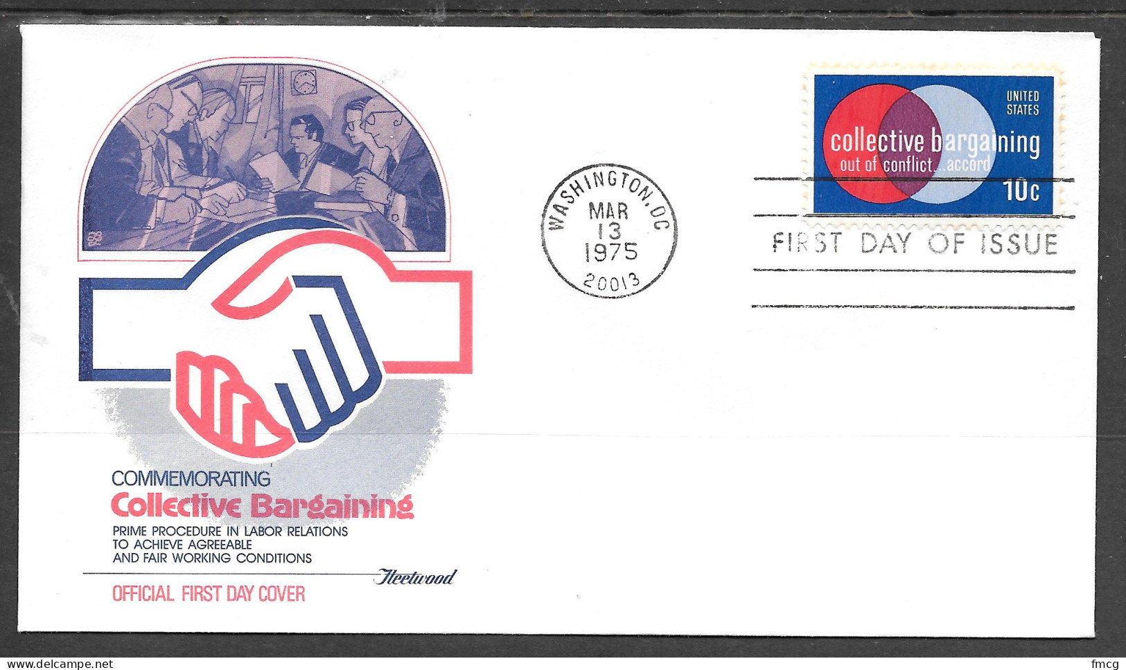 USA FDC Fleetwood Cachet, 1975 10 Cents Collective Bargaining - 1971-1980