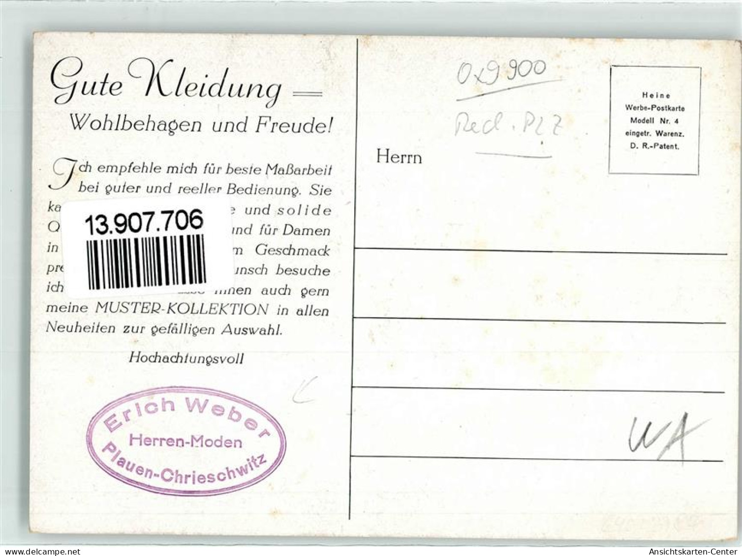 13907706 - Heine Tuche Masskleidung  Werbestempel: Erich Weber Herren-Mode  Plauen - Andere & Zonder Classificatie