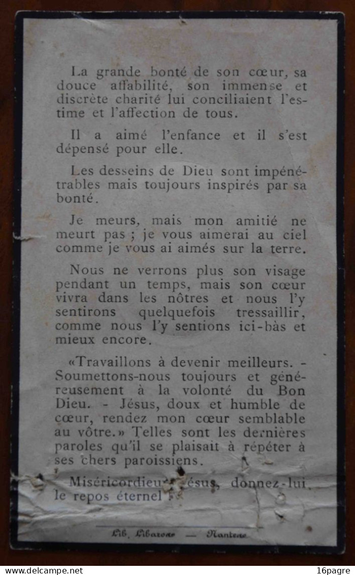 FAIRE-PART AVEC PHOTO. DÉCÈS CURÉ DE SAINT-MARC, SAINT-NAZAIRE, ABBÉ JEAN BLOIS. 1926. SAINTE-PAZANNE - Santini