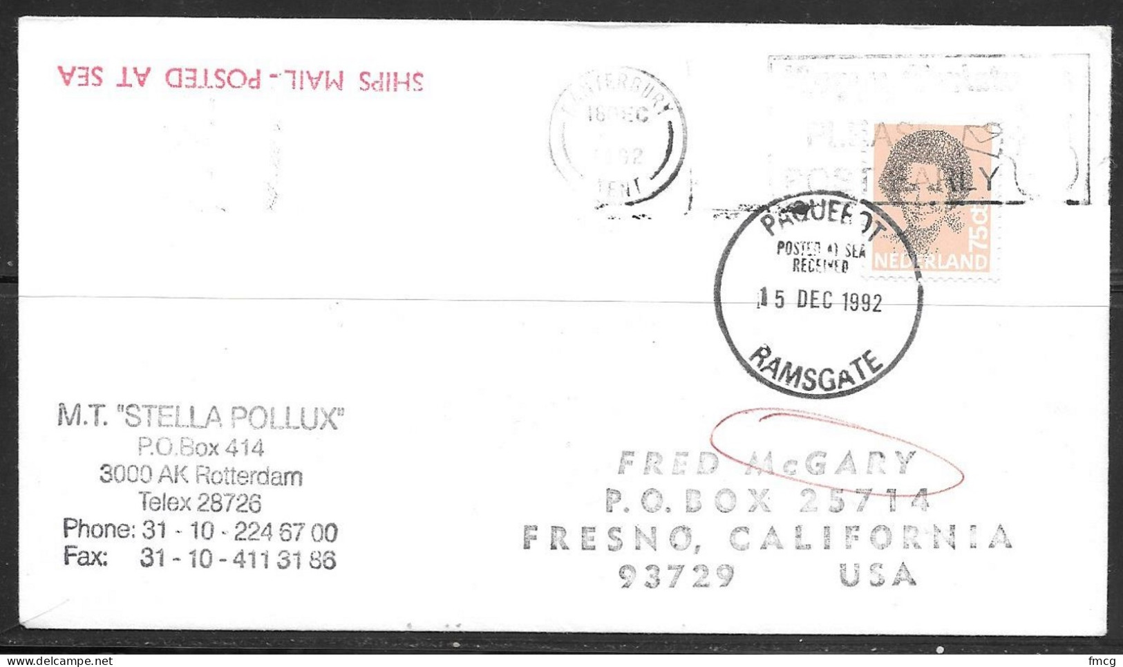 1992 Paquebot Marking Netherlands Stamp Mailed In Ramsgate UK (15 Dec 1992) - Briefe U. Dokumente