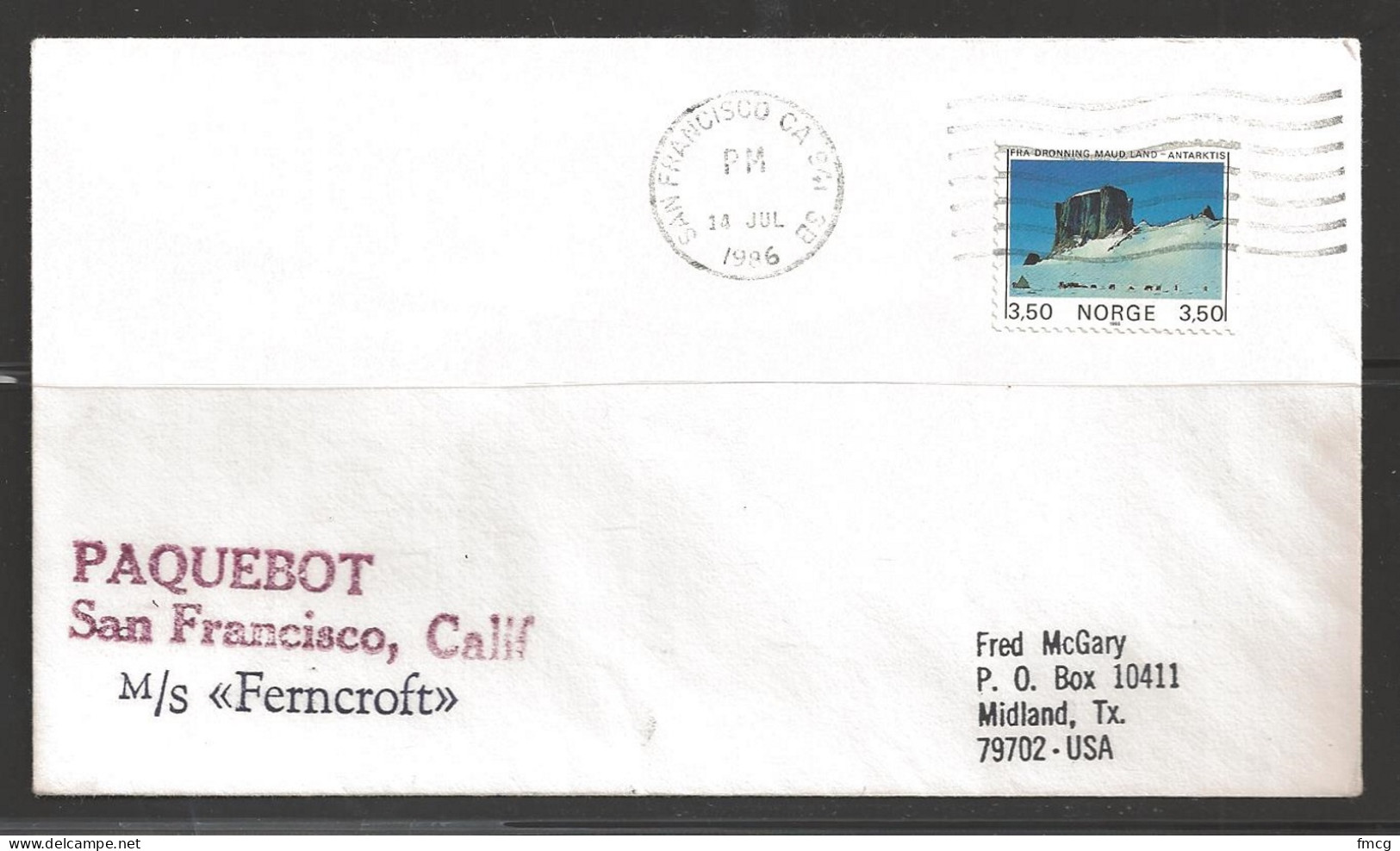 1986 Paquebot Cover, Norway Stamp Mailed In San Francisco, California - Covers & Documents