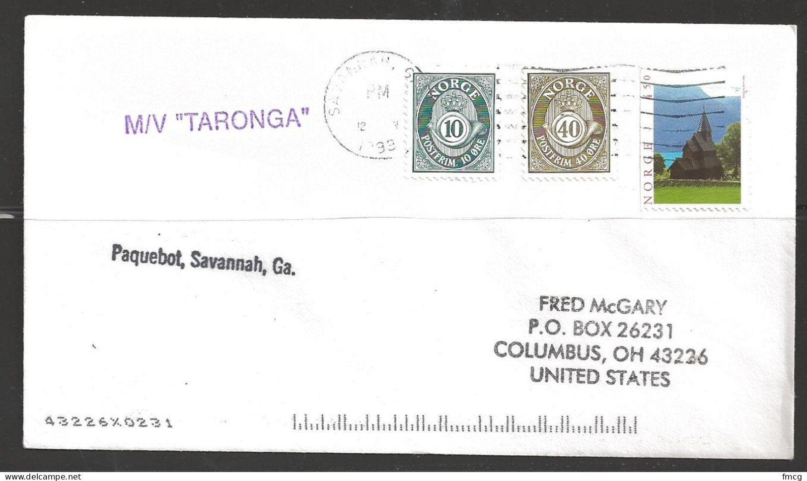 1993 Paquebot Cover, Norway Stamps Mailed In Savannah, Georgia - Covers & Documents