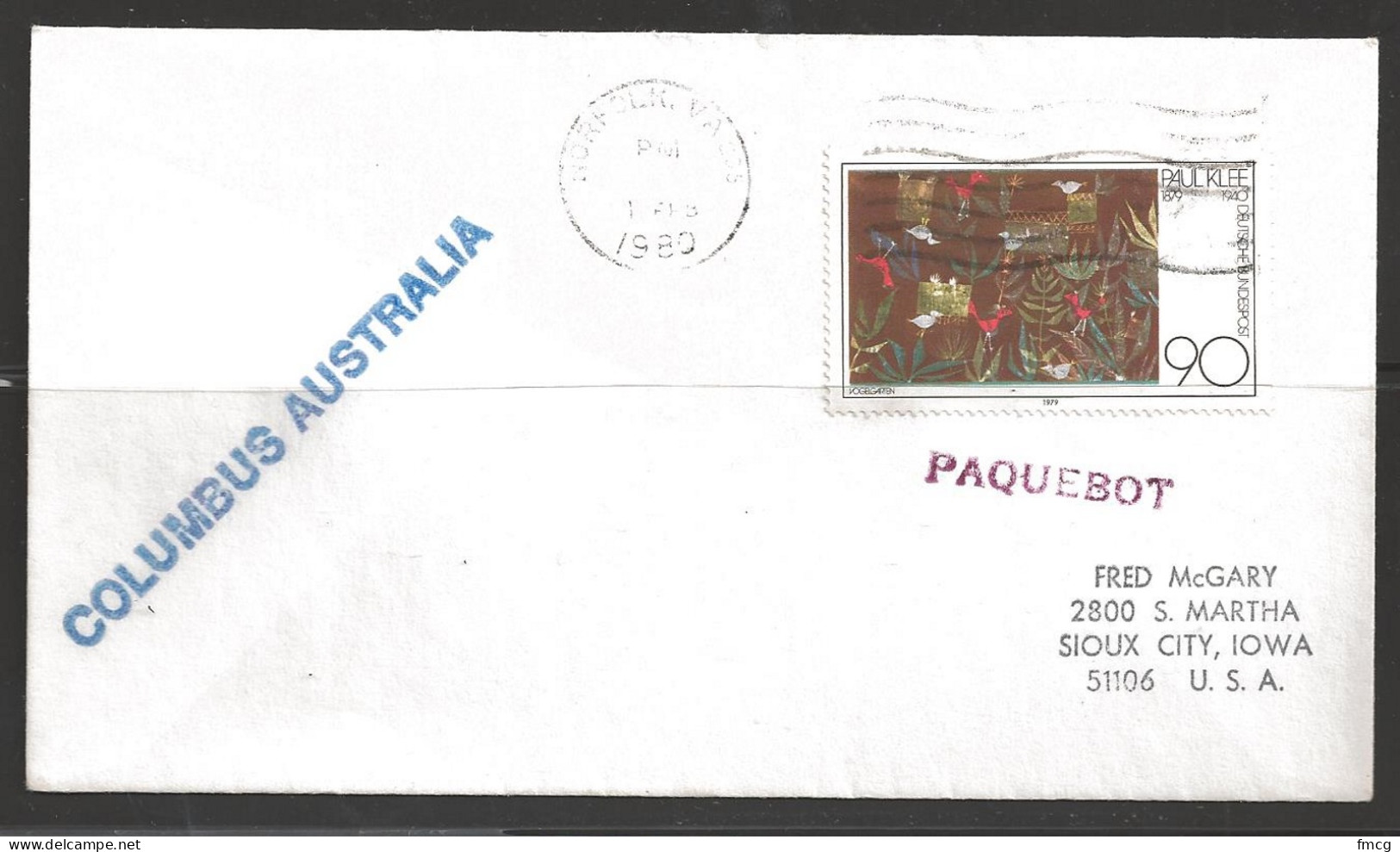 1980 Paquebot Cover, Germany Stamp Mailed In Norfolk, Virginia - Lettres & Documents
