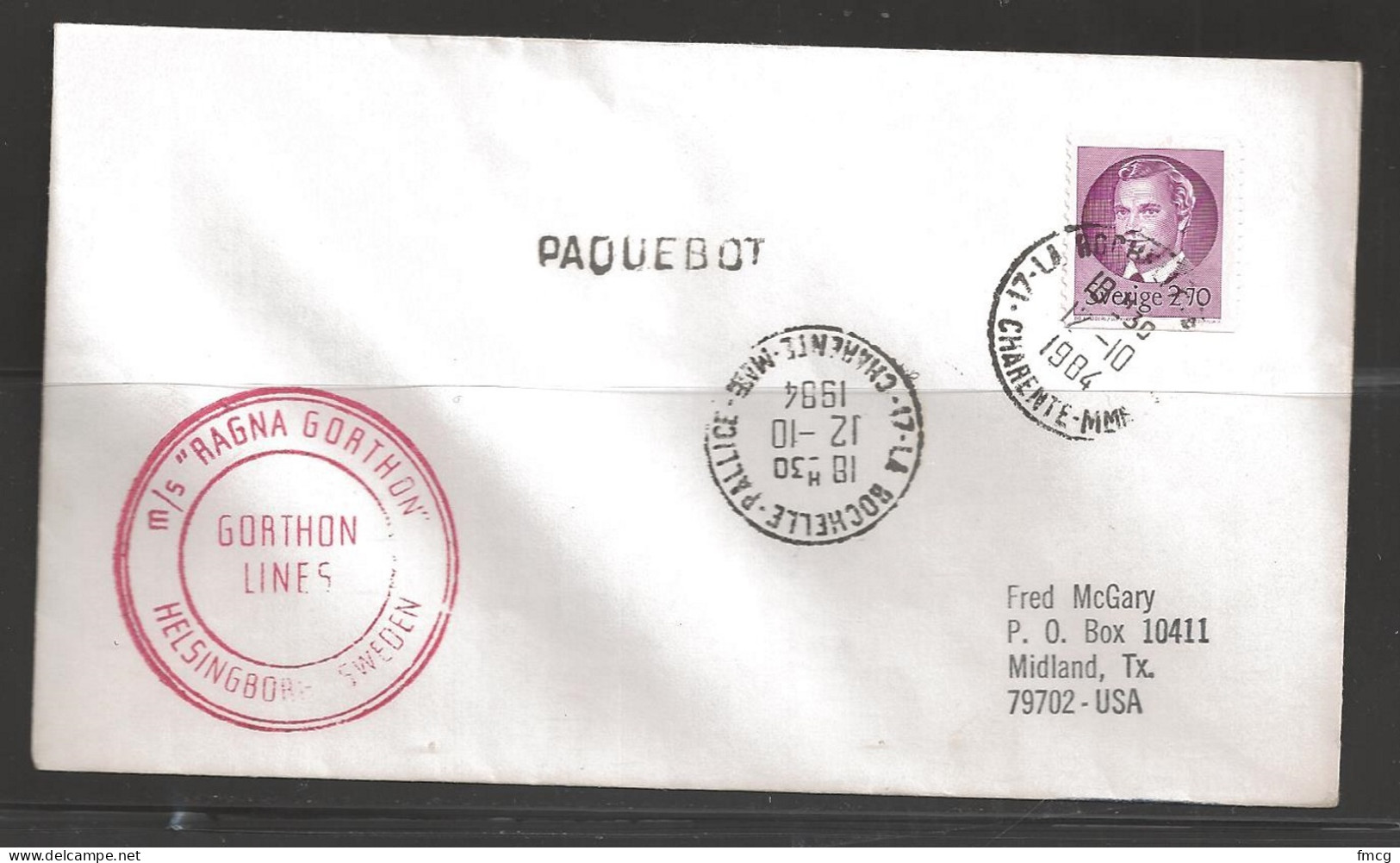 1994 Paquebot Cover, Sweden Stamp Mailed In LaRochelle, France - Covers & Documents