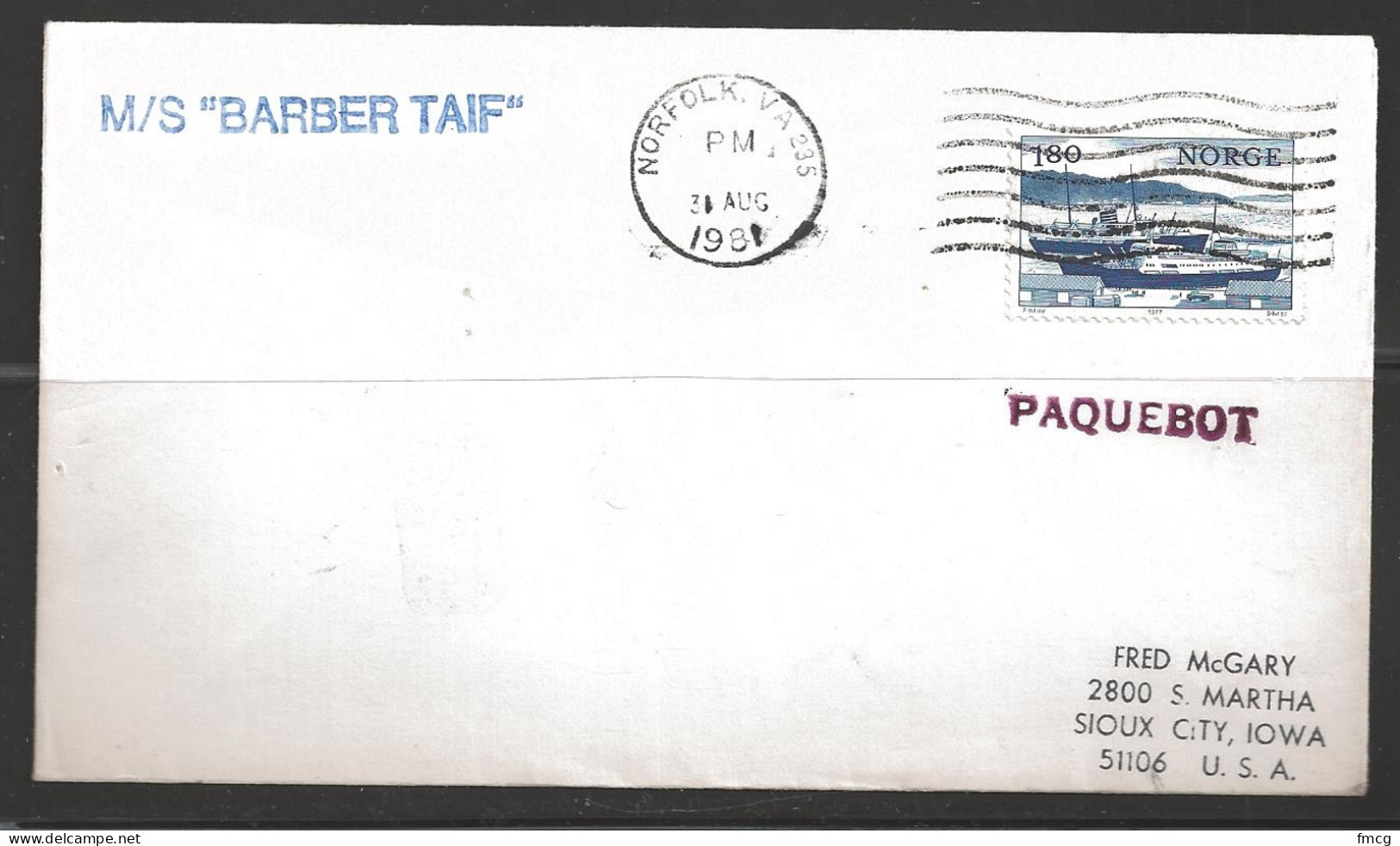 1981 Paquebot Cover, Norway Stamp Mailed In Norfolk, Virginia - Covers & Documents