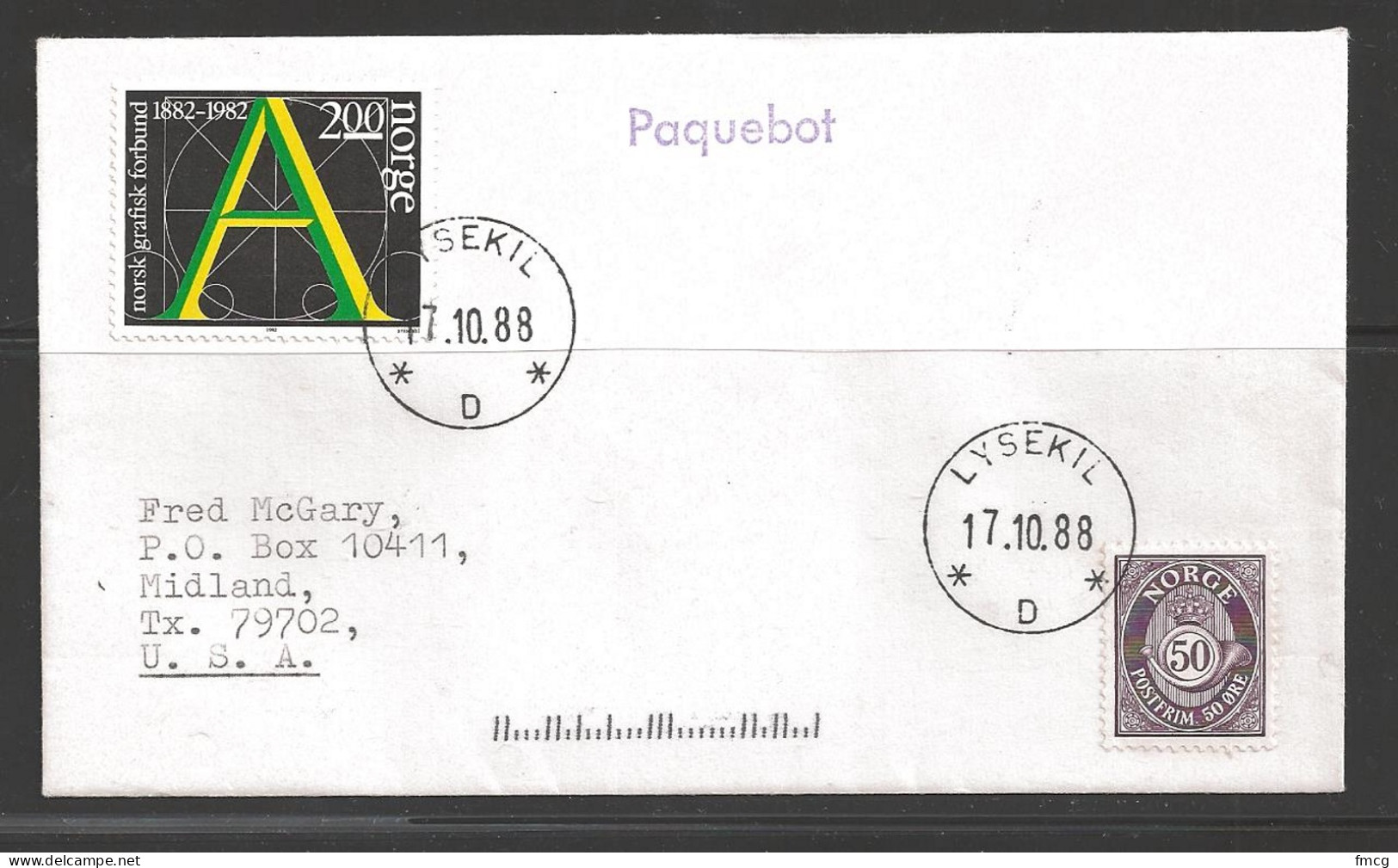 1988 Paquebot Cover, Norway Stamps Mailed In Lysekil Sweden - Cartas & Documentos