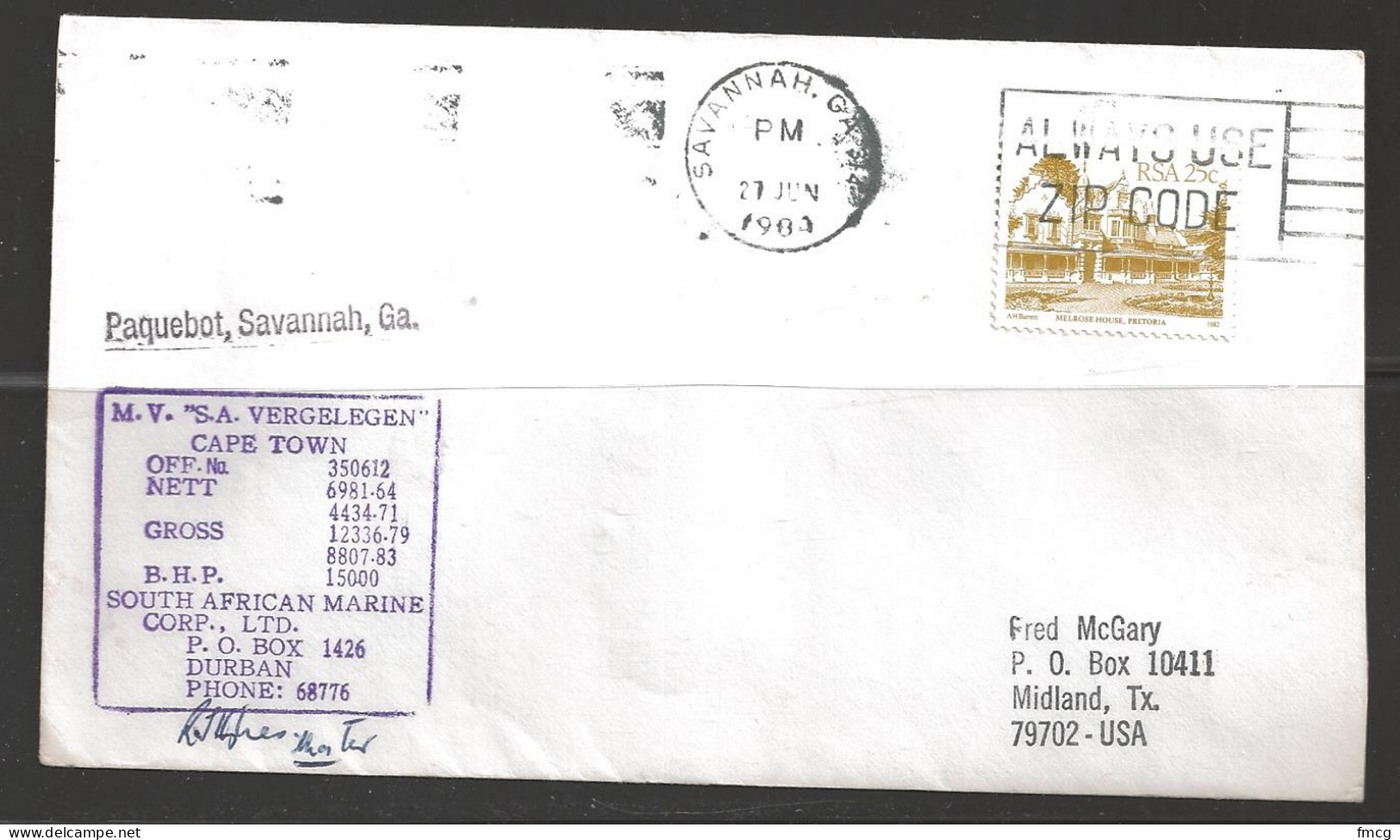 1984 Paquebot Cover, South Africa Stamp Mailed In Savannah, Georgia - Briefe U. Dokumente