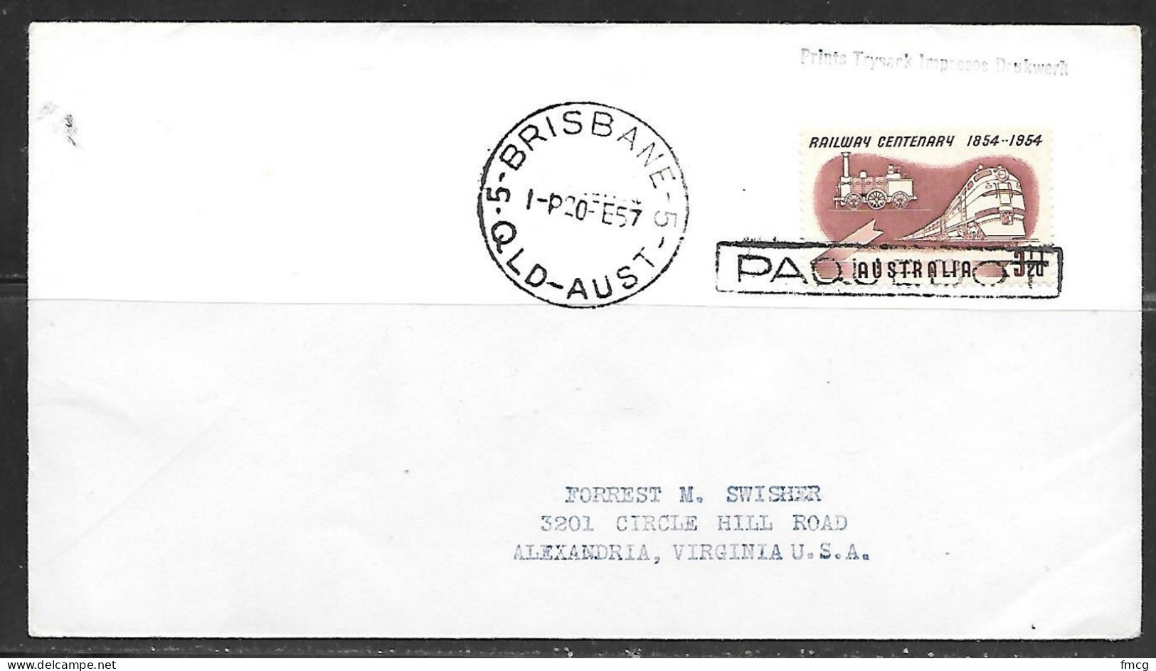 1957 Paquebot Marking Brisbane QLD On Australia Railway Stamp - Lettres & Documents