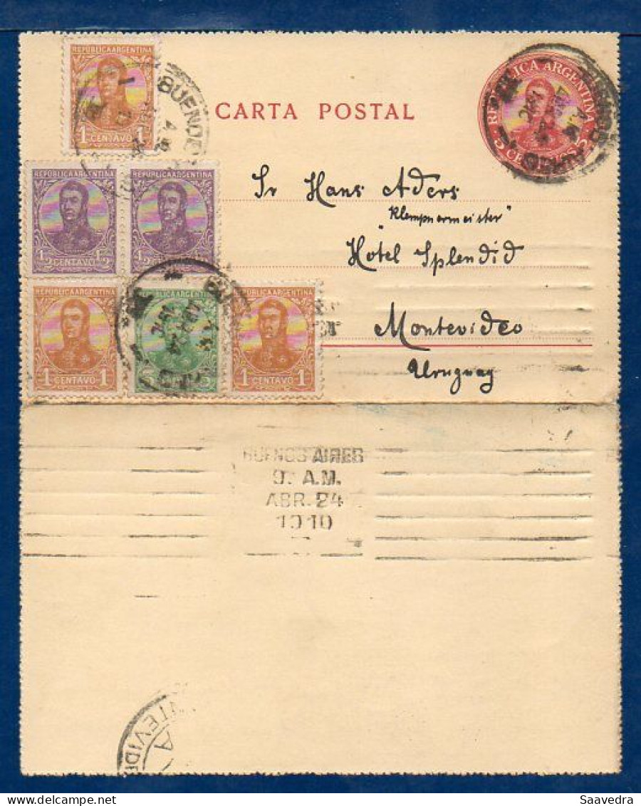 Argentina To Uruguay, 1910, Uprated Postal Stationery   (007) - Briefe U. Dokumente