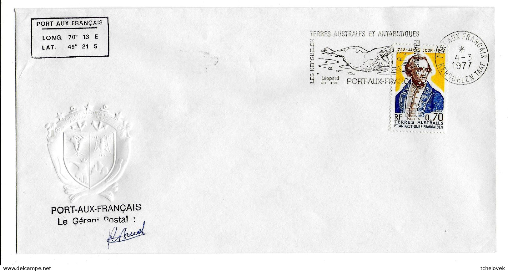 FSAT TAAF District De Kerguelen 04.03.1977 T. 0.70 Cook (1). Cachet à Froid Des TAAF - Briefe U. Dokumente