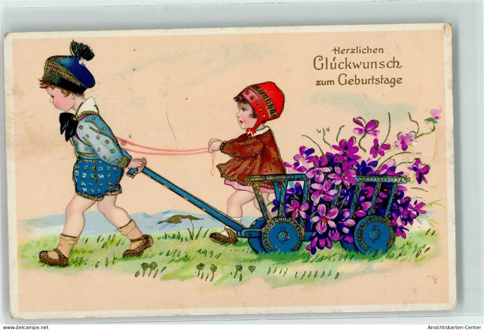 39190106 - Bollerwagen Mit Veilchen Kinder Golddruck  Verlag Amag 12134 - Anniversaire