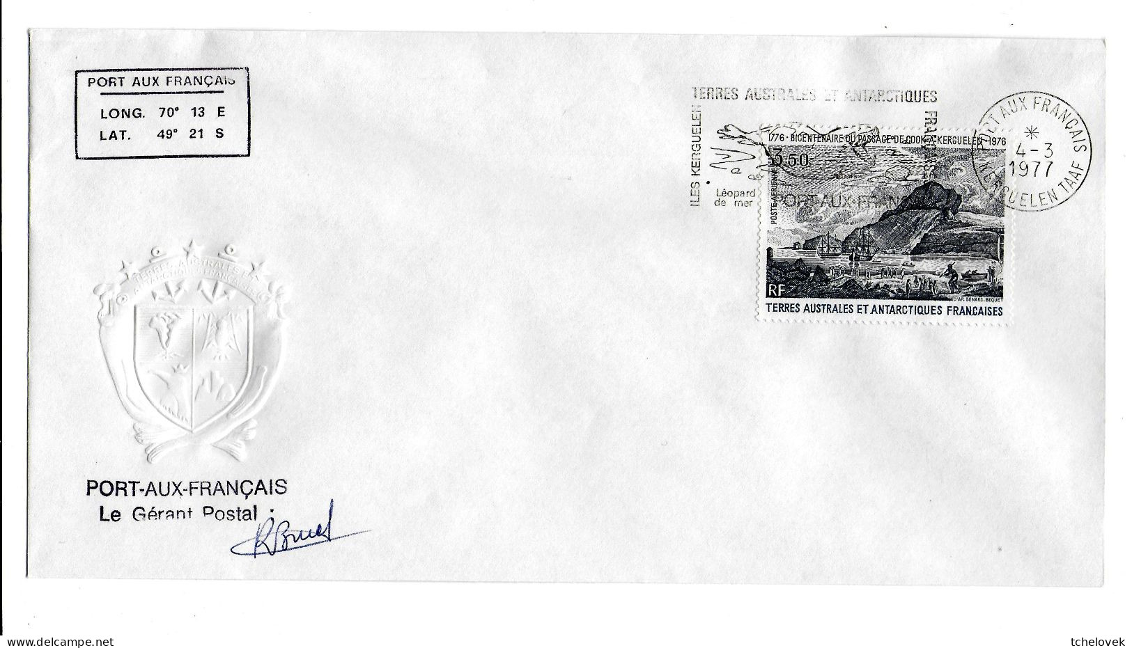 FSAT TAAF District De Kerguelen 04.03.1977 T. 3.50 Passage De Cook A Kerg (3). Cachet à Froid Des TAAF - Lettres & Documents
