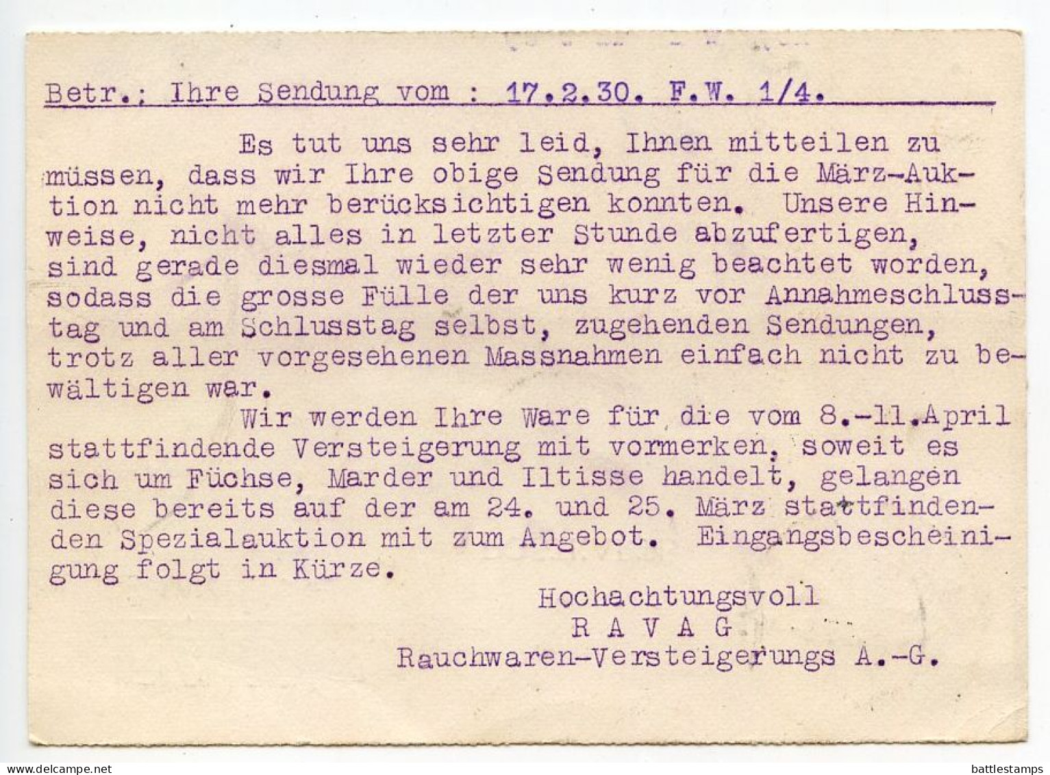 Germany 1930 Postcard; Leipzig (Messestadt) - RAVAG, Rauchwaren-Versteigerungs A.-G; 3pf. Friedrich Ebert - Covers & Documents