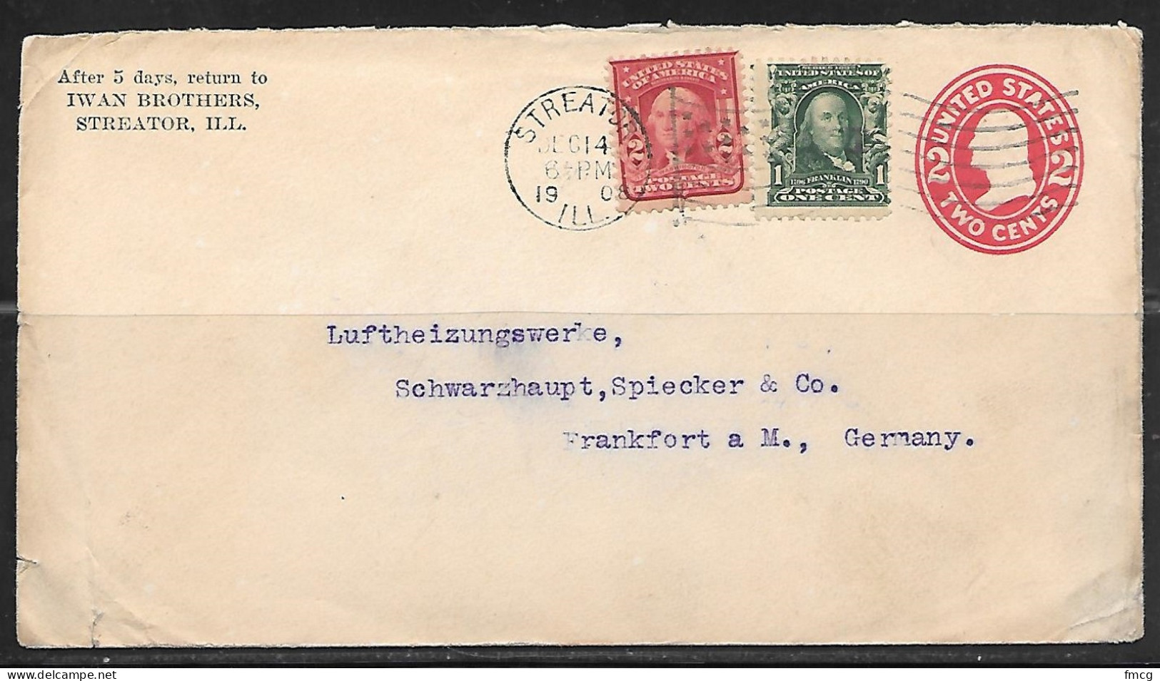 1908 Streator Ill (Dec 14) To Germany, 2c Envelope, 1c Franklin & 2c Washington  - Briefe U. Dokumente