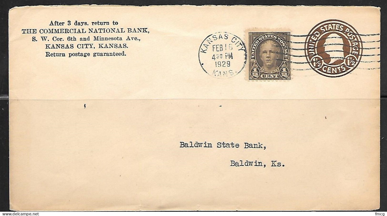 1929 1-1/2 Cent Envelope & ½ Cent Hale, Kansas City KS, Bank Corner Card  - Covers & Documents