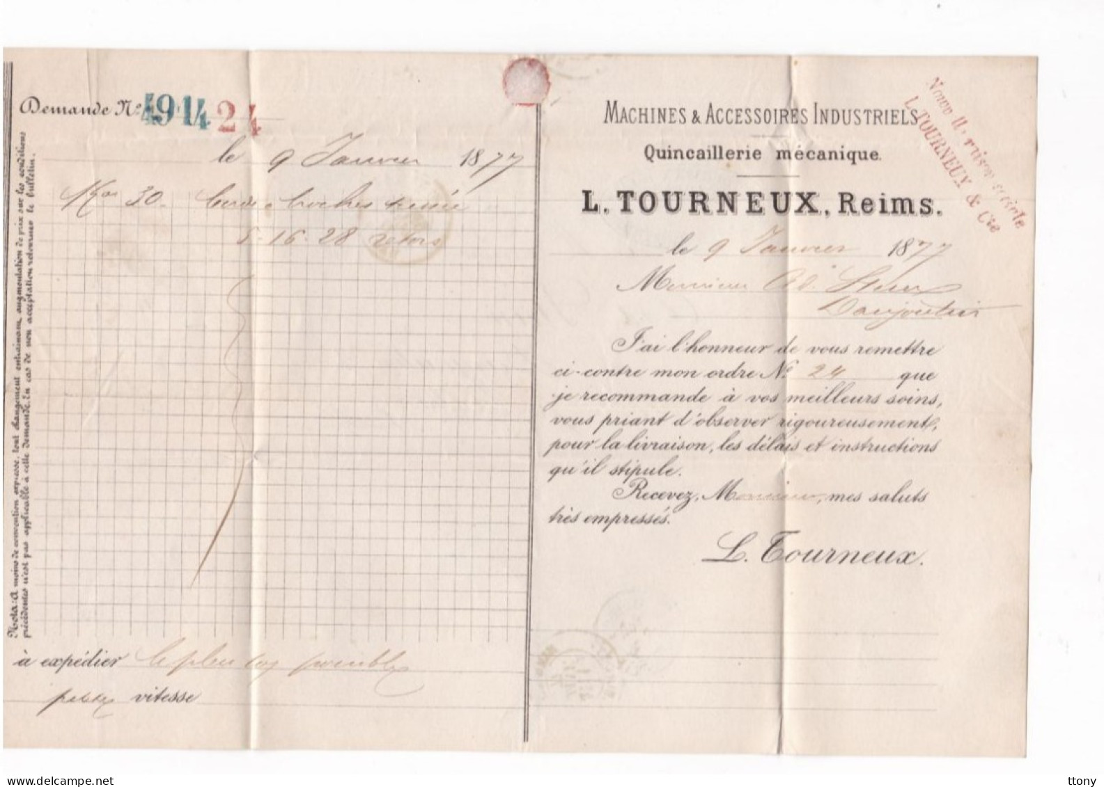 Facture  Quincaillerie Ets : L. Tourneux & Cie  Année1878  Timbre 25c Type Sage Pour Danjoutin  Belfort Cachet Type 16 - 1800 – 1899
