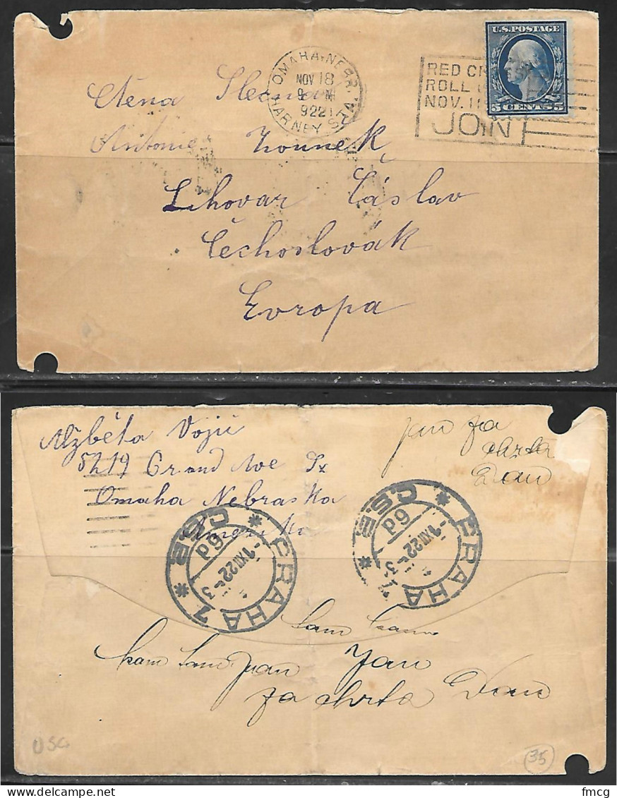 1922 Omaha Kearney Sta. (Nov 18) To Czechoslovakia, Red Cross Slogan - Lettres & Documents