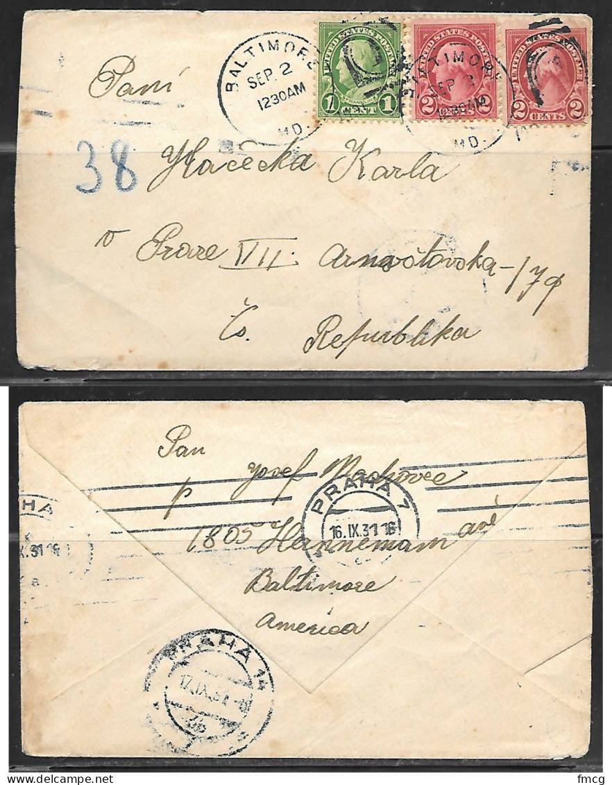 1931 Baltimore MD (Sep 2) To Czechoslovakia, 1c & Two 2c Washington Stamps - Covers & Documents
