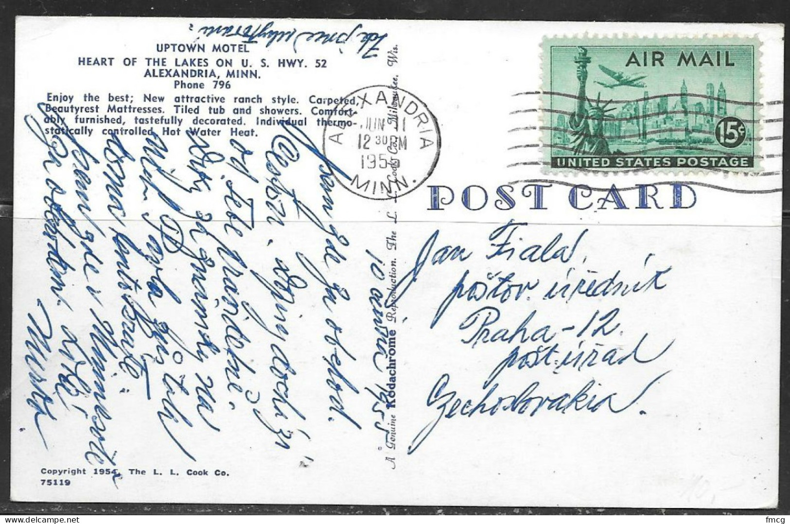 1955 NY Skyline Airmail, Alexandria Minn On Ppc To Czechoslovakia - Briefe U. Dokumente