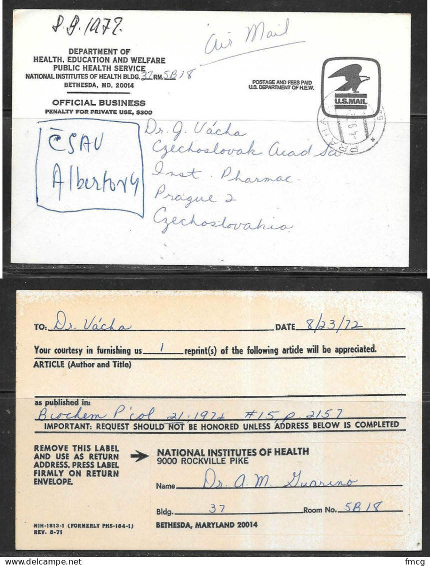 1972 Official Government PC, Maryland To Czechoslovakia - Covers & Documents