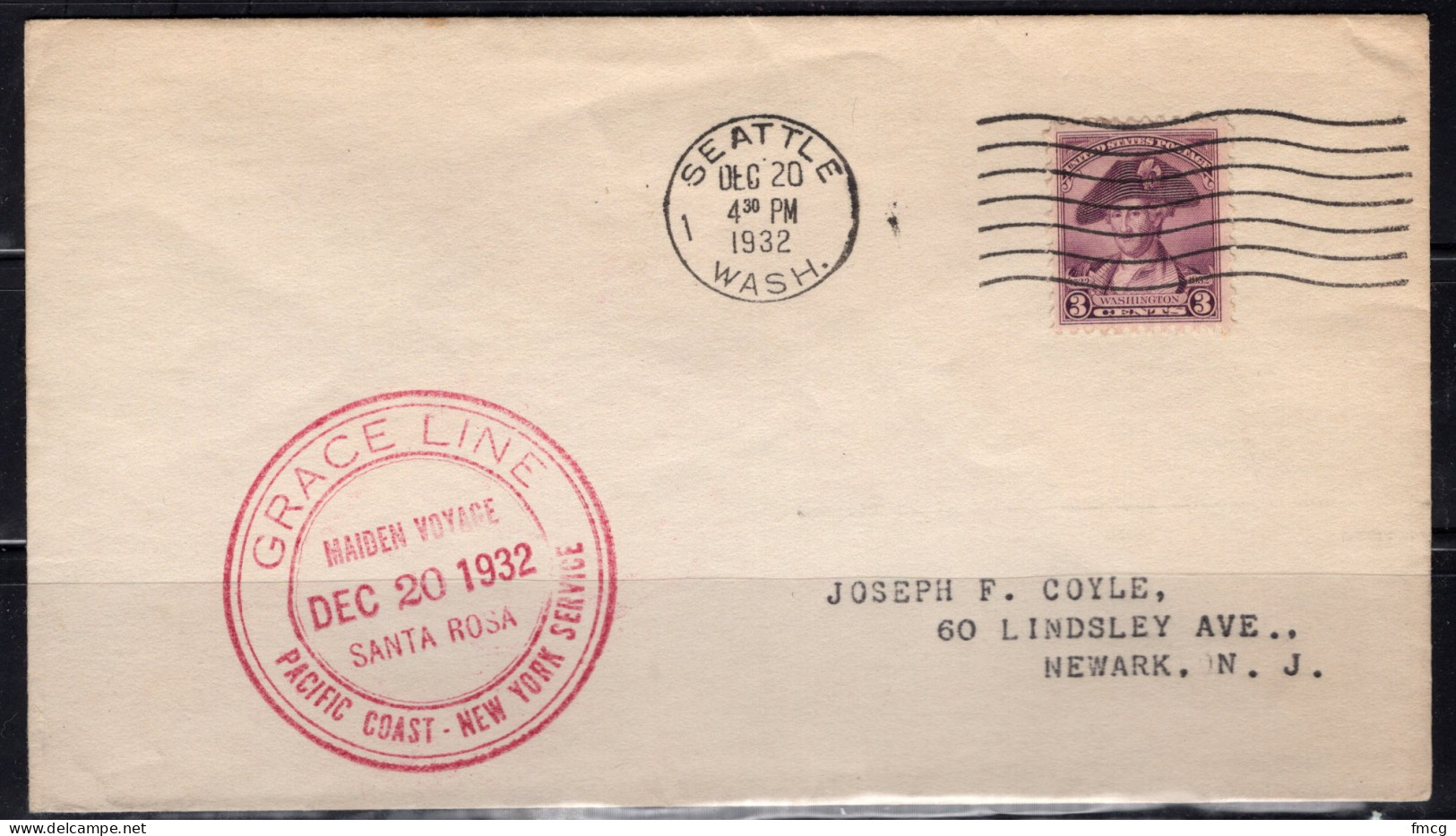 1932 Grace Line, Maiden Voyage Santa Rosa, Seattle Wash. Dec 20 1932  - Lettres & Documents