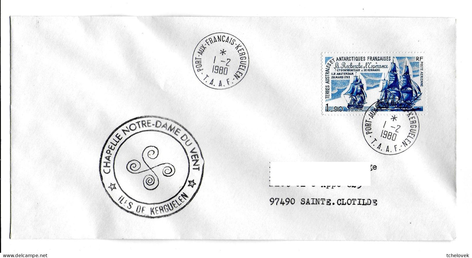 FSAT TAAF District De Kerguelen 01.02.1980 Kerg Notre Dame Des Vents. T. 1.90 Recherche Et Esperance. - Storia Postale