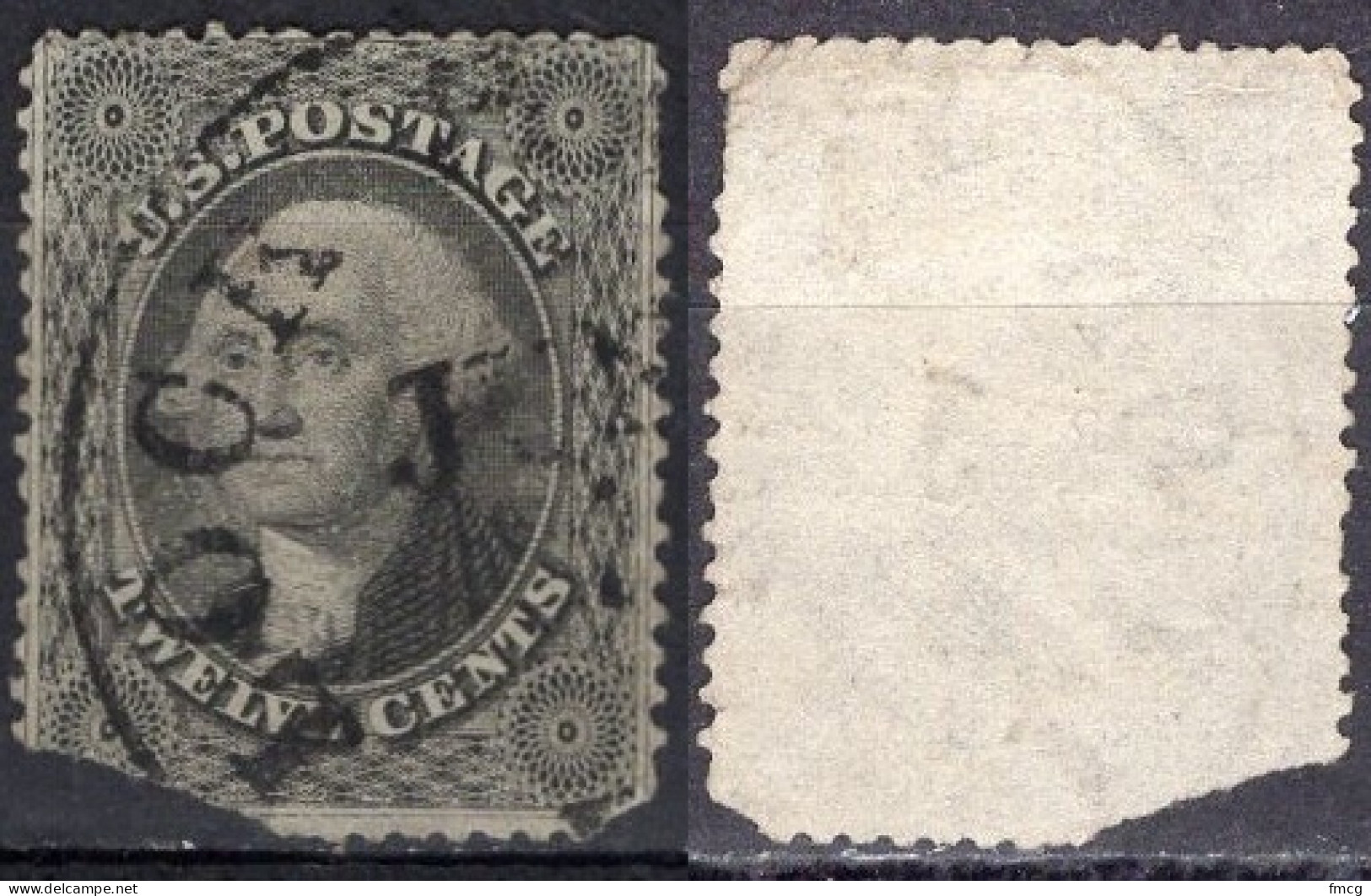 1851 12 Cents George Washington, Used, Space Filler, (Scott #17) - Usati