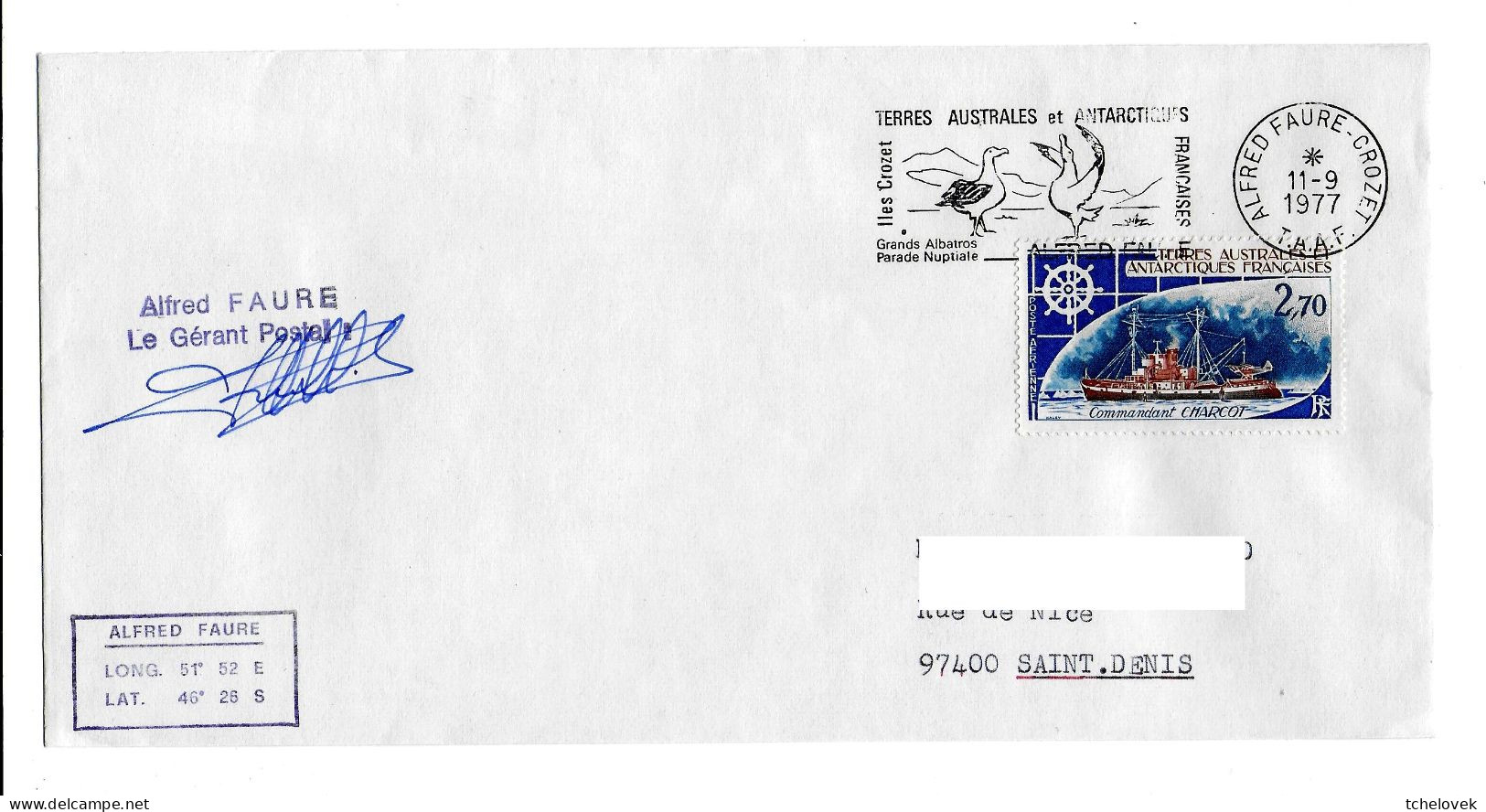 FSAT TAAF District De Crozet 11.09.1977 T. 2.70 Cmt Charcot (1). Signature Gerant - Storia Postale