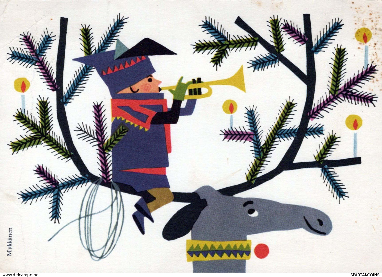 PÈRE NOËL Bonne Année Noël CERF Vintage Carte Postale CPSM #PBB196.FR - Santa Claus