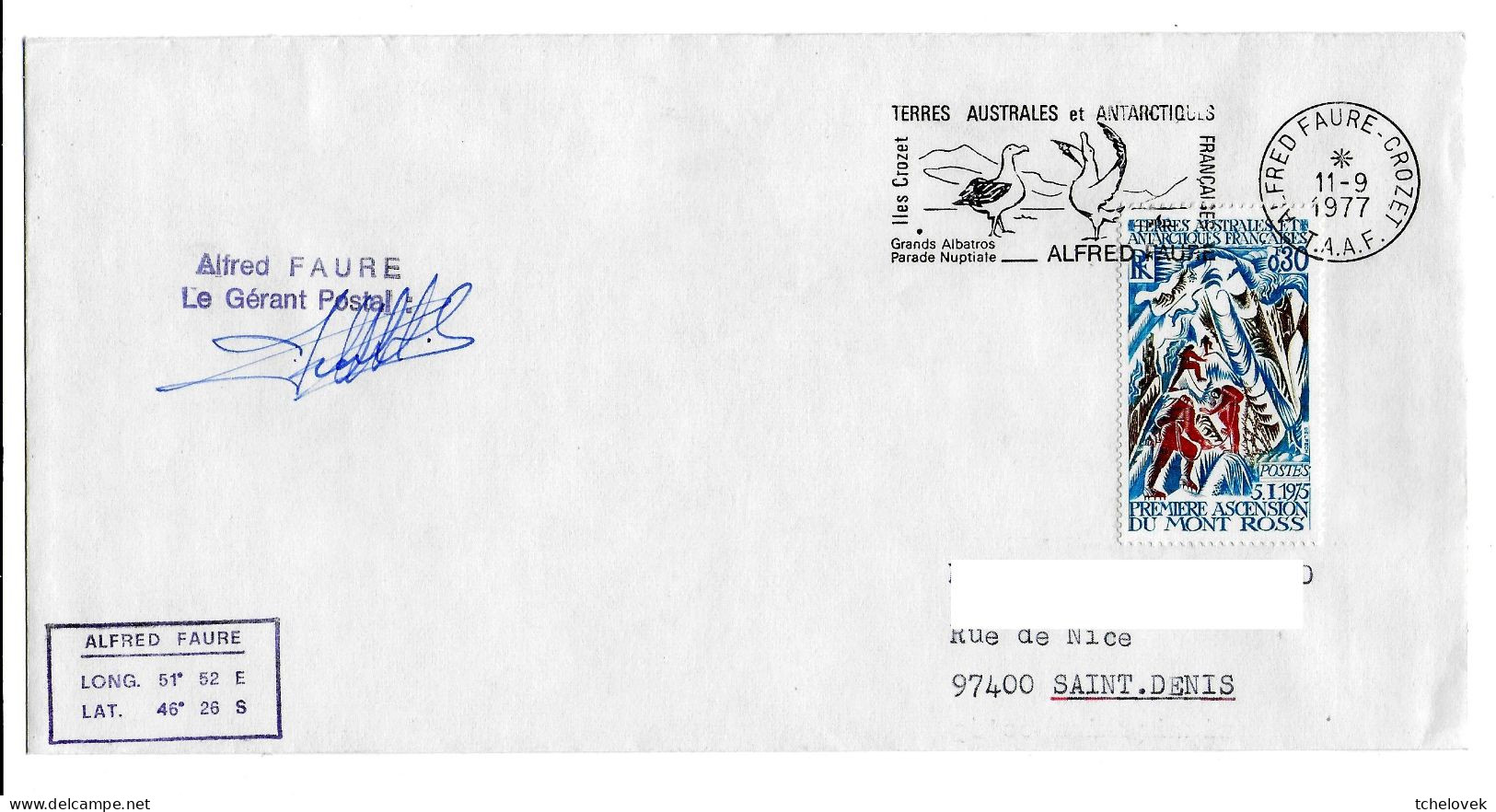 FSAT TAAF District De Crozet 11.09.1977 T. 0.30 Mont Ross. Signature Gerant - Covers & Documents